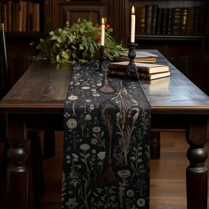 1Pc Halloween Theme Table Flag Witch Broom Gothic Suitable for Party Restaurant Home Market Holiday Decoration Scene.