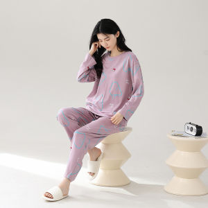 Bộ đồ ngủ MiiOW cho nữ làm bằng cotton tay dài quần dài in họa tiết cổ tròn