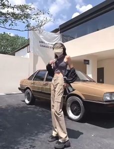 TWICE Same model 4 Pocket Cargo Pants Jeans Wide Leg Pants Casual Baggy Pants Black Pink Women