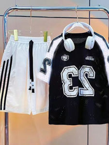 Boys Summer Casual Basketball Outfit Two-Piece Set Short Sleeve Printed Cool And Stylish Ensemble for Middle And Large Children