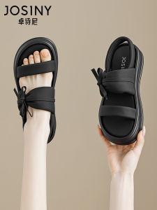 Josiny | Thick Sole Sandals for Women Black Summer New Style with French Bow Soft Bottom Beach