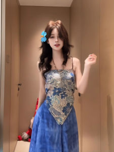 chaqi | เสื้อกั๊กสายเดี่ยวพิมพ์ลายสไตล์จีนใหม่สำหรับผู้หญิงในช่วงฤดูร้อน เสื้อตัวสั้นแบบสวมหัว แขนกุด คอวี แขนกุด