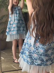 1-12 ปี วันแม่ ชุดเด็กผู้หญิงฤดูร้อน เดรสแขนกุด ปักเลื่อม ประดับโบว์ เหมาะกับงานปาร์ตี้ ชุดเดรสเจ้าหญิงสำหรับเด็กผู้หญิง