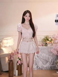 BAISHUINV | Cotton Embroidered Square Neck Shirt & Lace Skirt Summer Set