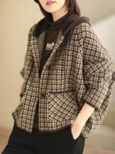 Vintage Leisure Loose Hooded Check Pattern Womens Jacket