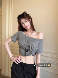 Slim Fit Short Sleeve Shoulder Bared T Shirt for Women Korean Style Commute Fashion Casual Short Length Belly Baring Top