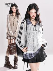 HTYM High Superiority Long Sleeve T-Shirt Womens Spring New Style College Style Color Block Loose Casual Cover up