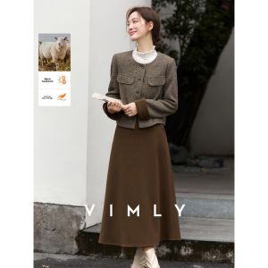 Vimly | Stylish Warm Winter Suit Dress Brown 1 Wool Coat & Skirt