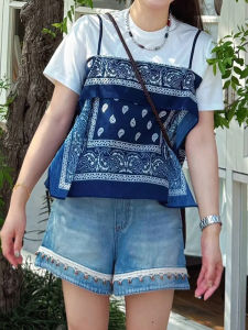 BINKAFENNY | Slimming Blue Retro Round Neck Short Sleeve T-Shirt Womens Loose Fit Summer Top Cover Belly Fashionable Korean Style Casual Wear