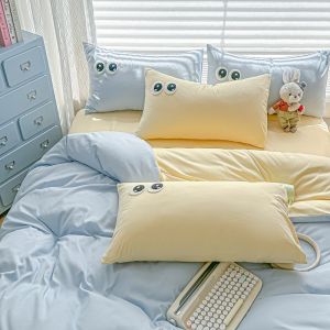 Dansunreve 4in1 Nữ Hoàng/Vua phẳng bedsheet Bộ rửa bông đồng bằng dopamine loạt bộ đồ giường ngủ màu Xám/Xanh/Hồng Quilt Cover
