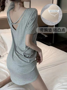 ชุดนอนผ้าฝ้าย Modal เซ็กซี่สําหรับผู้หญิงที่มีแผ่นหน้าอกแขนสั้นกระโปรงกลางชุดชั้นในฤดูร้อนน้ําหนักเบา