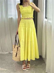 ชุดเดรสยาวปานกลางแขนกุดเอวสูงสไตล์ฝรั่งเศสหวานๆ สีเหลืองชีส กระโปรงทรงเอ ผ้าฝ้ายผสมโพลีเอสเตอร์ ฤดูร้อน 2025