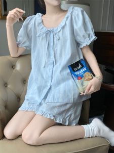 Sweet Korean Style Blue Plaid Doll Collar Bubble Sleeve Sleepwear Shorts Set Women Summer Outdoor Home Clothes Short Sleeve round Neck Cotton Pajamas