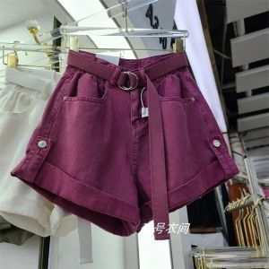 กางเกงขาสั้นผ้ายีนส์เอวสูงทรงหลวมสำหรับผู้หญิง ฤดูร้อน 2025 ใหม่ ดีไซน์สีลูกกวาด ดีไซน์กระชับสัดส่วน กางเกงขาสั้นทรงหลวม
