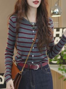 HUOLISI | Stylish Slim-fit Stripe Knit Cardigan Blouse Long-sleeve