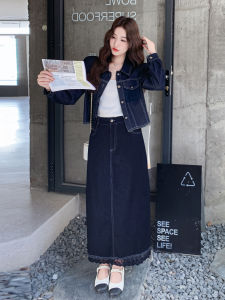 Korean Style Denim Lace Splicing Womens Jacket Skirt Set Autumn New Arrival Two-Piece Suit Vintage Style Long Sleeve Button up