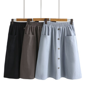 100.00kg Chubby Girl Summer Korean Style Women Mid-Length A- line Skirt Elastic Waist One Breasted Pocket Plus size Skirt