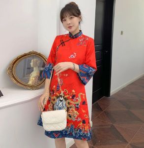 Joso Plus Size Womens Dresses Red and Blue Loose Fashion Modern Chinese Cheongsam Medium Length Dresses Womens 3/4 Sleeve Cheongsam Womens Clothing