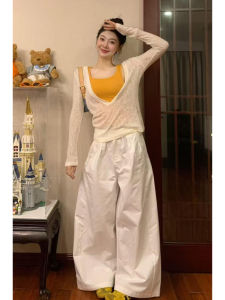 YUEZHONGWEI | Thai Style Summer Dopaamine Orange Strap Vest Thin Sun Protection Cover Up Two Piece Set Womens Casual Long Sleeve Round Neck Top