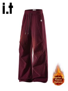 izzue | Mens Wine Red Fleece-lined Pleated Straight-leg Pants