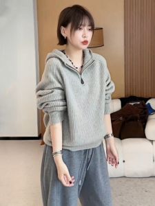 Ladies Hooded Zipper Knitted Sweater Thickened Grey Loose Fit Autumn Winter New Style Casual Comfortable Knitwear Top