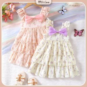 Mikrdoo ชุดเดรสสำหรับทารกและเด็กโบว์สีม่วงสีชมพูจับคู่กับลำลองแฟชั่นลวดลายดอกไม้ระบายอากาศได้ดีสำหรับเครื่องแต่งกายฤดูใบไม้ผลิและฤดูร้อน