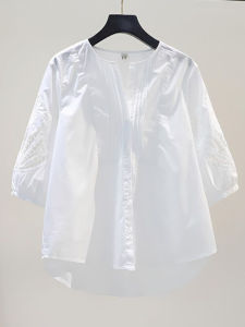 White Hollow out Loose Fit Slimming Thin Seven Sleeve Shirt Womens Design Summer New Style Cotton Blend Button up Top