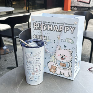 แก้วน้ำสแตนเลส 304 ทรงสุนัขน่ารัก ความจุขนาดใหญ่ พร้อมฝาปิด ดีไซน์น่ารัก แก้วน้ำสำหรับเด็ก