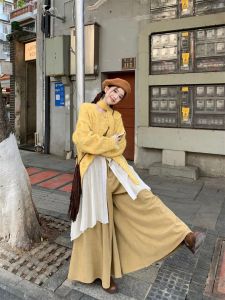Unique Beautiful Early Spring Outfit Irregular Sweater over Long Shirt Wide Leg Skirt Womens Complete Set Fashion Ensemble