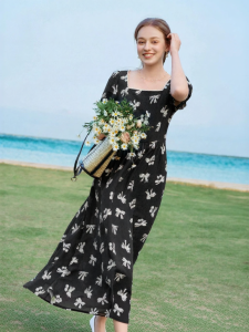 XIANGYING | Flared Sleeve Print V-Neck Waist-Cinching Elegant Vacation Maxi Dress