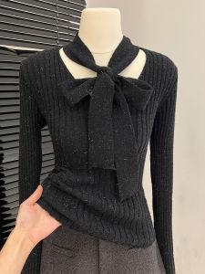 Áo Len Dệt Kim Cổ Treo Tay Dài Màu Đen Cho Nữ Mùa Thu Đông Thiết Kế Mới Thanh Lịch Áo Lót Bên Trong Kiểu Dáng Ôm Vừa Vặn