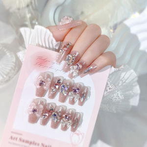 【With Glue】Mid-length Fake Nail Pink Shining Gemstone Decor Artificial Nail for Women and Girl Party Activity