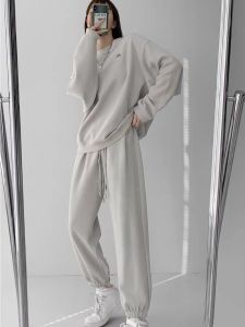 Grey Sports Casual Set Womens Spring Autumn New Thin Loose Slimming Sweatshirt Sweatpants Two-Piece Set Fashionable