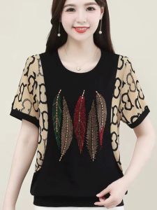ฤดูร้อน 2024 Diamond Splicing หลวม เสื้อยืดแขนสั้นพอดีคอกลมบาง ลำลอง เสื้อท่อนบน สําหรับ วัยกลางคนและผู้สูงอายุ ผู้หญิง