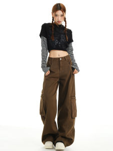 BRN High Waist Wide Leg Denim Workwear Pants Womens Large Pocket Design Casual Cotton Trousers Autumn New Style Slimming