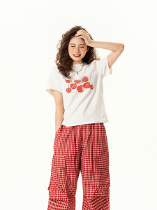 Retro Cherry Print Short Sleeve T-Shirt Womens Summer Slim Fit Versatile round Neck Top Commute Style Creative Pattern
