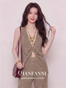 QFN | Bộ Đồ 2 Mảnh Thanh Lịch Pháp Áo Len Twist Cao Waist Quần Dài Chân Rộng