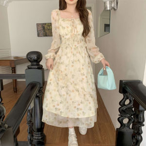 plus Size Spring Autumn Floral Print Chiffon Dress Square Collar Uneven Hemline Slimming Effect High Waist A-Line Long Dress