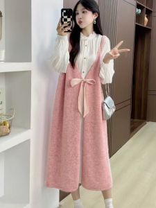 Sweet Pink Knitted Vest Dresses Korean Style Womens Fashion Early Autumn New Arrival Maxi dressSoft Comfy Commuting Style Long sleeveV-neck Waist Belt