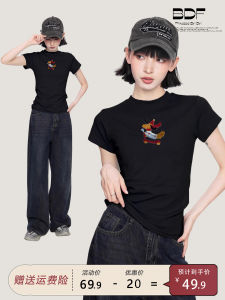 Áo Thun Tay Ngắn in Hình Chó Đen Phong Cách Mỹ Cho Nữ Mùa Hè Ôm Vừa Vặn Áo Thun Tay Lửng Cổ Tròn Thường Ngày