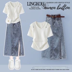 NUMEN BUTTON | Slimming Short Sleeve T-shirt With Slit Denim Skirt Set
