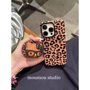 Sanrio | Luxury Brown Pink Leopard Print Sanrio KT Magnetic Stand Holder Phone Case For iphone 17 16 15 14 Pro Max Shockproof Phone Cover