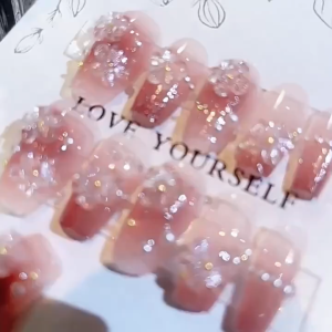 YADORNOS 24Pcs Seni Kuku Merah Muda Mutiara Bunga - Kuku Segar Kecil Bunga 3D Glitter Simfoni - Buatan Tangan Murni - Dapat Dilepas dan Digunakan Kembali