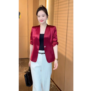 Red Satin Suit Set Elegant Business Womens Fashion Autumn Winter Outfit Two-Piece Ensemble Luxury Feel Office Wear