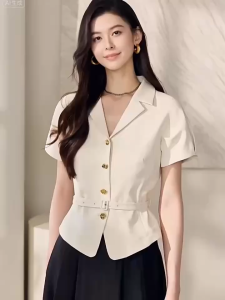 Áo sơ mi cổ ve tay phồng phối thắt lưng sang trọng thanh lịch phong cách công sở hiện đại
