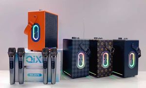 QIXI SK-2079 Stereo Surround Bass KARAOKE Wireless Bluetooth Compact Flashing Light Speaker with Two Wireless Microphone