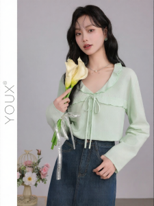 YOUXIANG | Áo Sơ Mi Pháp Xếp Ly Elegance Màu Xanh