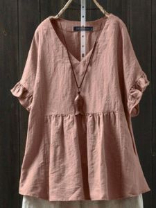 Big Sale Leak-Picking Plus Size Womens Cotton and Linen T-Shirt Womens Summer New Arrival Slim Looking Belly Covering Doll Shirt Loose Short Sleeve Tops