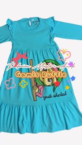 Pakaian Baju Muslim Anak Perempuan Cewek Gamis Ruffle Anak Usia 1-6 Tahun Bahan Katun Biru Muda