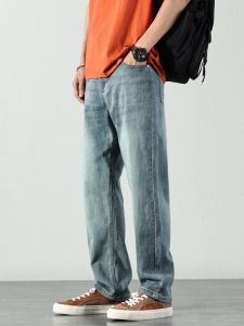 Mens Loose Fit Straight Leg Jeans Cotton Stretch Denim mid Waist Zipper Closure Casual Long Trousers Trendy Brand Youthful